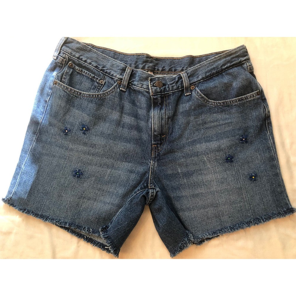 Levis Jeans Denim Shorts Women's Size 33 Medium Wash W/ Embroidered Blue Flowers
